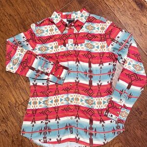 Wrangler -retro- Aztec-Pattern Button-Up Shirt in Coral & Aqua-cowgirl!!